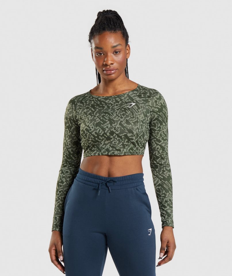 Women\'s Gymshark Training Long Sleeve Cropped Tops Green | CA 71AD30